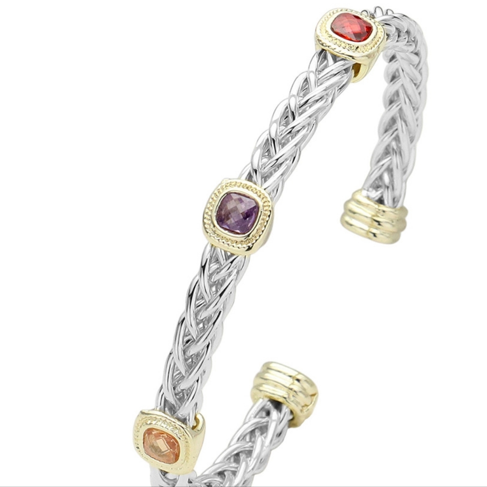 MultiColored Triple Cushion CZ Square Stone Silver Cable Cuff Bracelet Jewelry - Picture 6 of 7